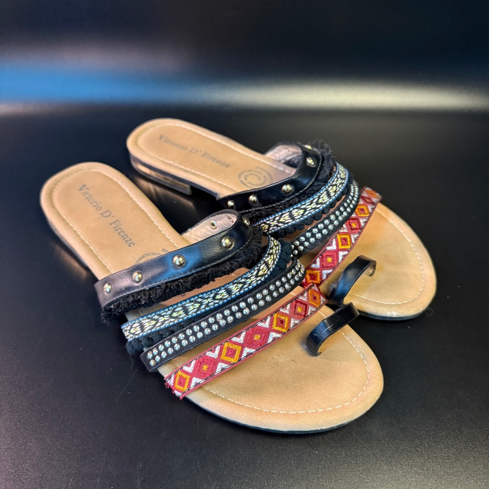 Vittorio‎ D' Firenze Multi-Strap Black Textile Synthetic Flat Sandals Womens 8